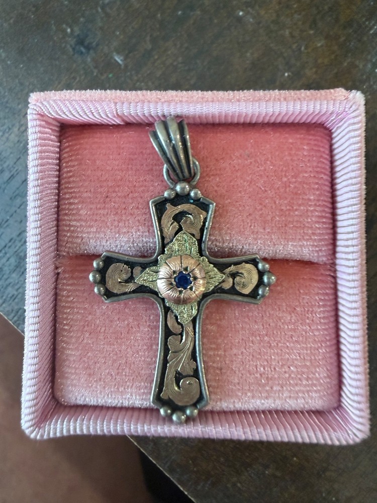 Bob Berg gold & .925Sterling silver western original cross pendant with sapphire