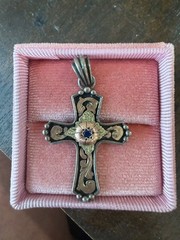 Bob Berg gold & .925Sterling silver western original cross pendant with sapphire