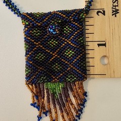 Vintage Artisan Fringed Tribal Seed Bead Necklace Pouch Diamond Pattern