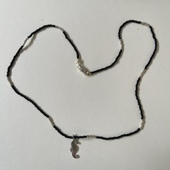 Handmade Necklace Silver Tone Sea Horse Black Bead Dainty Nautical Beach Gift