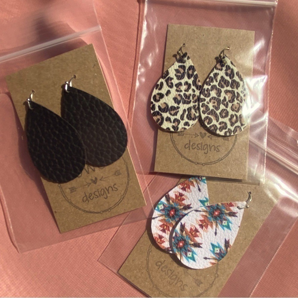 3 Pairs Faux Leather Teardrop Earrings Handmade Lightweight Black Cheetah Aztec