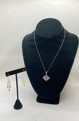 Sterling Silver 925 Multi Gemstone Necklace and Earrings Jewelry Set 13.4g