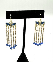 14k Yellow Gold Plated, Blue Butterfly, Dangle/Chandelier Earrings