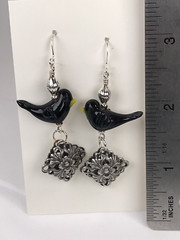 Handmade Glass Bye Bye Black Bird w/ Detailed Dangle on Silver Plated Hooks