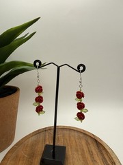 Red Rose Dangle Earrings 2.5″ Floral Statement Nickel Free Hook Romantic Jewelry