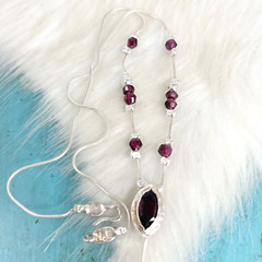 Sterling Silver Garnet Y Lariat Gemstone Pendant Necklace 17″ Signed N & E
