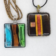 Dichroic Glass Pendant Necklace Brown Red Green Blue Lot of 2 1 5/8″