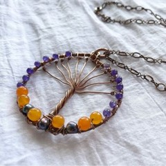 Handmade Tree of Life Necklace Copper Beaded Amethyst Orange Jade