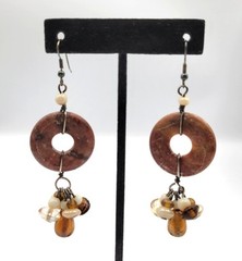 Boho Jasper Stone Disc & Glass Bead Dangle Drop Earrings Pierced Artisan 3.5″