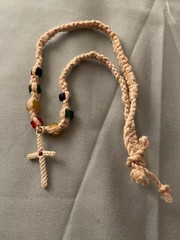 Handmade 18” Beige Rope Choker Necklace White 1.5” Cross Pendant Beaded Beads