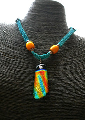 VTG Turquoise Macrame’ 14.5″ Blue Green Orange Yellow Black Dichroic Pendant 2″