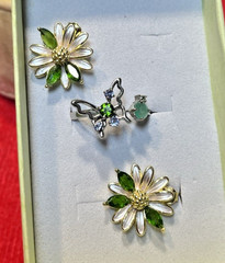 New Sterling Silver 925 Green Gems Flower & Butterfly Ring & Earrings Grn S8