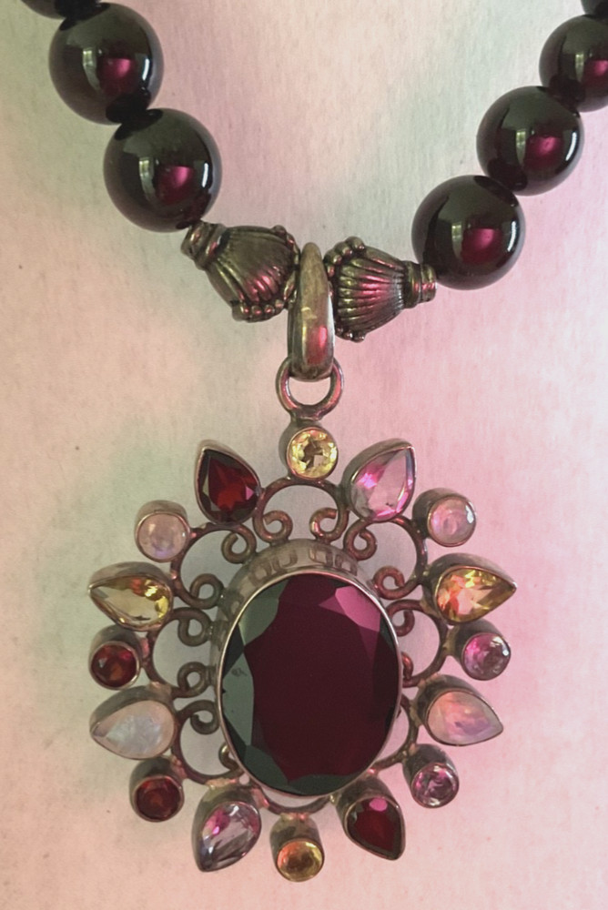Sterling Silver Gemstone Necklace Pendant Multi Color Marked 925 Vintage