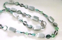 MINT GREEN SHADES IN STONES, MOP DISKS,Glass Pearls+Silvertone Beads&Toggle 33″