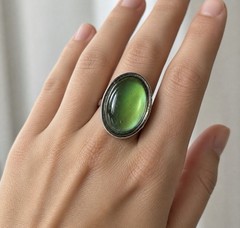 Large Oval Mood Ring Stone Cocktail Ring Bezel Set Metal Silver