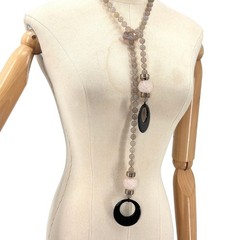 Vintage 90s Rose Quartz Onyx Grey Agate Hand Knotted Lariat Statement Necklace