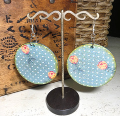 Handmade OOAK Double Sided Wood Round Earrings Floral Blue Dot Cottagecore 2.25″