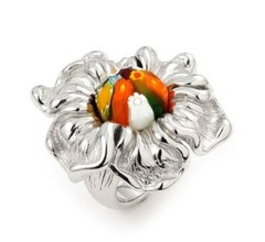 Alan K. St/Silver Ring Multicolor Murano Glass Round Stone on Open Flower Shape