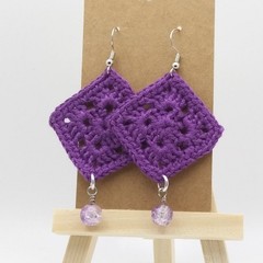 Handmade Crochet Earrings – Purple Granny Square – Cotton – Crackle Glass