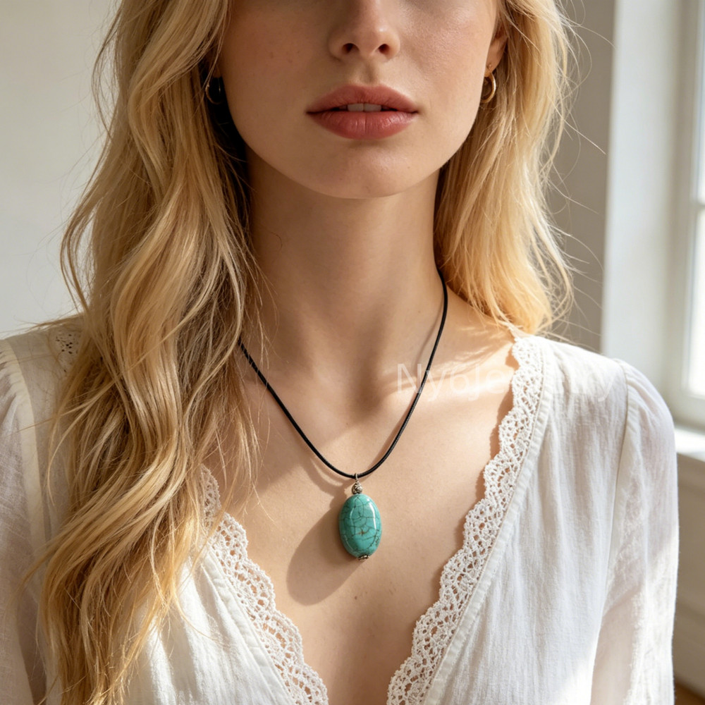 Turquoise Oval Pendant 17″ Necklace Handmade Gemstone Jewelry Black Leather