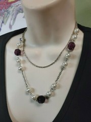 Double Chain Necklace Chunky Purple and White Pearl Beaded