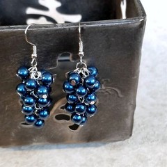 Handcrafted Blue Glass Pearl Beads Grape Cluster Cascade Earrings