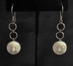 Bali Silver 925 Cream Full Moon Face Goddess Hooks & Links Dangle Earrings