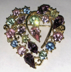 RJ Graziano Rhinestone Heart Pin Or Brooch Goldtone Pink Blue Green Purple