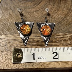 Silver Tone Metal Triangle Dangle Earrings Orange Glass Bead