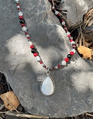 Moonstone 925 Pendant Necklace ~ Obsidian Selenite Hematite & Red Accents NEW