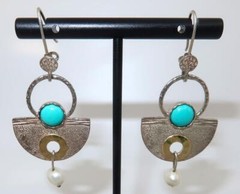 Half Moon 14K Yellow Gold & 9g. Sterling Silver Turquoise Pearl Earrings, 2 1/2″