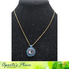 Round Handmade Necklace Beaded Pendant On Goldtone Chain Sky Blue Goldtone Beads