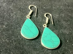 Turquoise Gemstone Handmade Drop Dangle Earrings .925 Silver Trim 1.6″ Beautiful