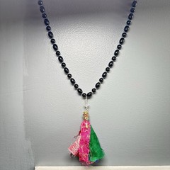 Handmade Sari Silk Tassel Necklace Black Knotted Beads Boho 0749 G
