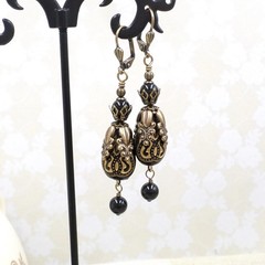 Black Victorian Earrings: Antique Brass Filigree, Acrylic Bead Dangle Jewelry