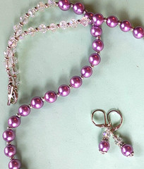FACETED CRYSTAL LAVENDER glass pearl SP necklace set LEVERBACK