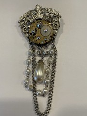 Steampunk OOAK Brooch Pin Clock Parts Rhinestone Dangle 4” long Goth