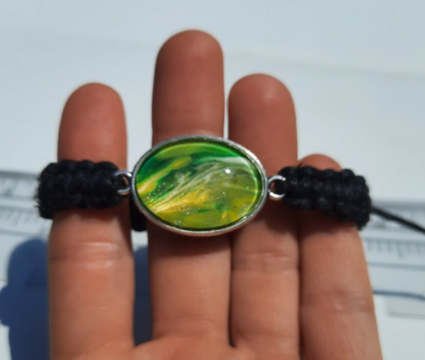 GOLDEN GREEN! Black Organic Square Knot Bracelet 1/3″ thick YELLOW beaded end
