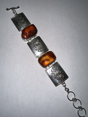 Vintage Amber Oval Cabochon Stone Link Bracelet, SS925 MEXICO 8.5in