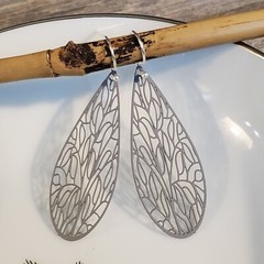 Art Nouveau Lacy Stormy Gray Filigree Slim Teardrop Enamel Pendant Earrings