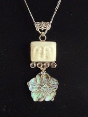 Sterling Silver Necklace Artisan Moon Face Abalone Flower Pendant OOAK Jewelry
