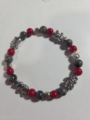 Red Coral & Yooperlite Stone Beaded Stretchable Silver Elephants Bracelet 7.5