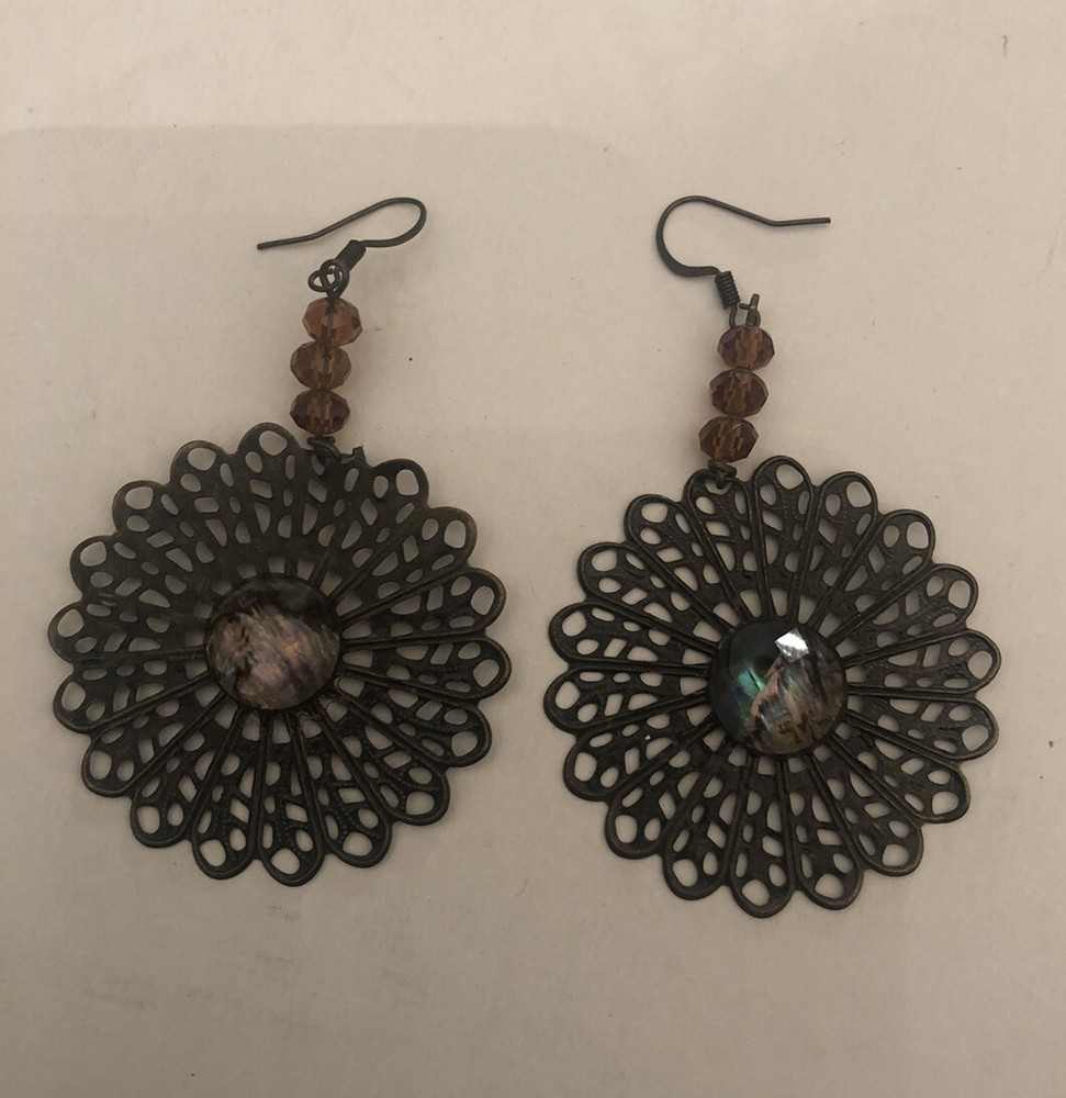 Retro Gypsy Brass Filigree Large Round w/ Moonstone Cabochon Fish Hook Earrings