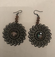 Retro Gypsy Brass Filigree Large Round w/ Moonstone Cabochon Fish Hook Earrings