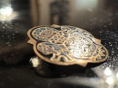 Gold Tone Brass Multicolor Enamel Inlay Native & Animal Motif Brooch Pin Vintage