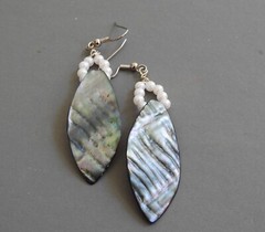 long MOTHER OF PEARL ABALONE pierced earrings w/faux pearls dangle