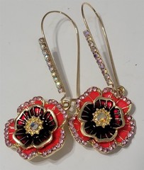 Victorian Trading Poppy Flower Dangle Drop Earrings Red Purple Rhinestone 30J