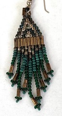 Green & Yellow Seed Beads w/ Gold Tone Tube Beads Hook Earrings 3” Drop Vintage