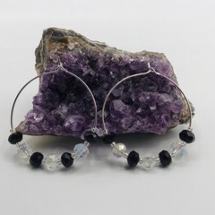 Earrings Hoop Boho Beads Rondelle Faceted Black Clear Color Silver Tone Jewelry