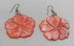 Vibrant Coral Pink Dyed Shell 1.5” HIBISCUS FLOWER Dangle GoldTone Hook Earrings